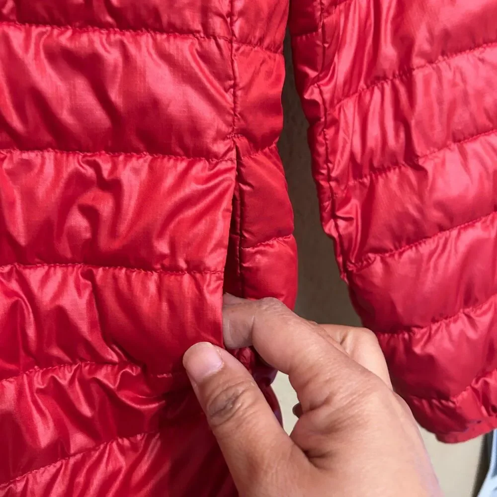 Primary Kids Puffer Jacket Youth Size 12 Red Hooded Light Weight Quilted Puffer